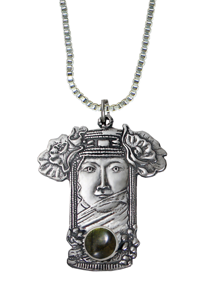 Sterling Silver Veiled Woman Maiden Pendant With Spectrolite